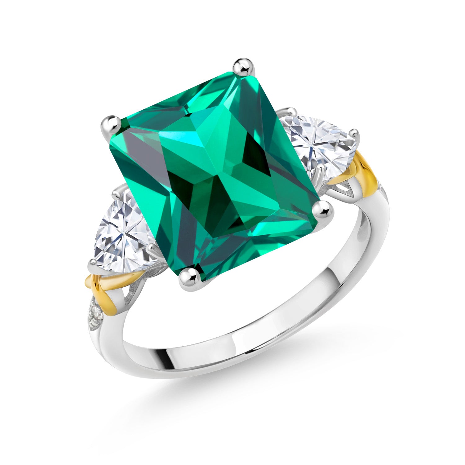 925 Silver and 10K Yellow Gold Green Nano Emerald Moissanite and Diamond 3 Stone Ring For Women (6.44 Cttw, Gemstone May Birthstone, Emerald Cut 12X10MM, Available In Size 5, 6, 7, 8, 9)