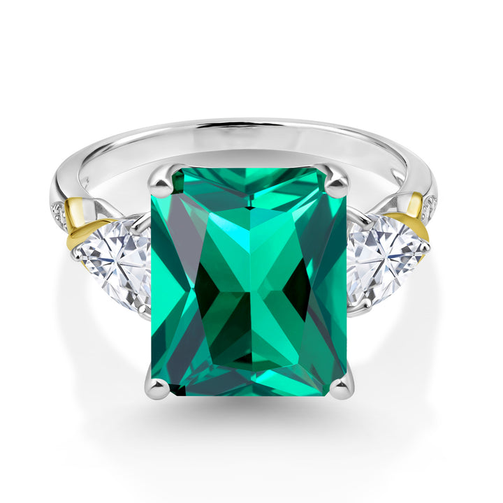 925 Silver and 10K Yellow Gold Green Nano Emerald Moissanite and Diamond 3 Stone Ring For Women (6.44 Cttw, Gemstone May Birthstone, Emerald Cut 12X10MM, Available In Size 5, 6, 7, 8, 9)