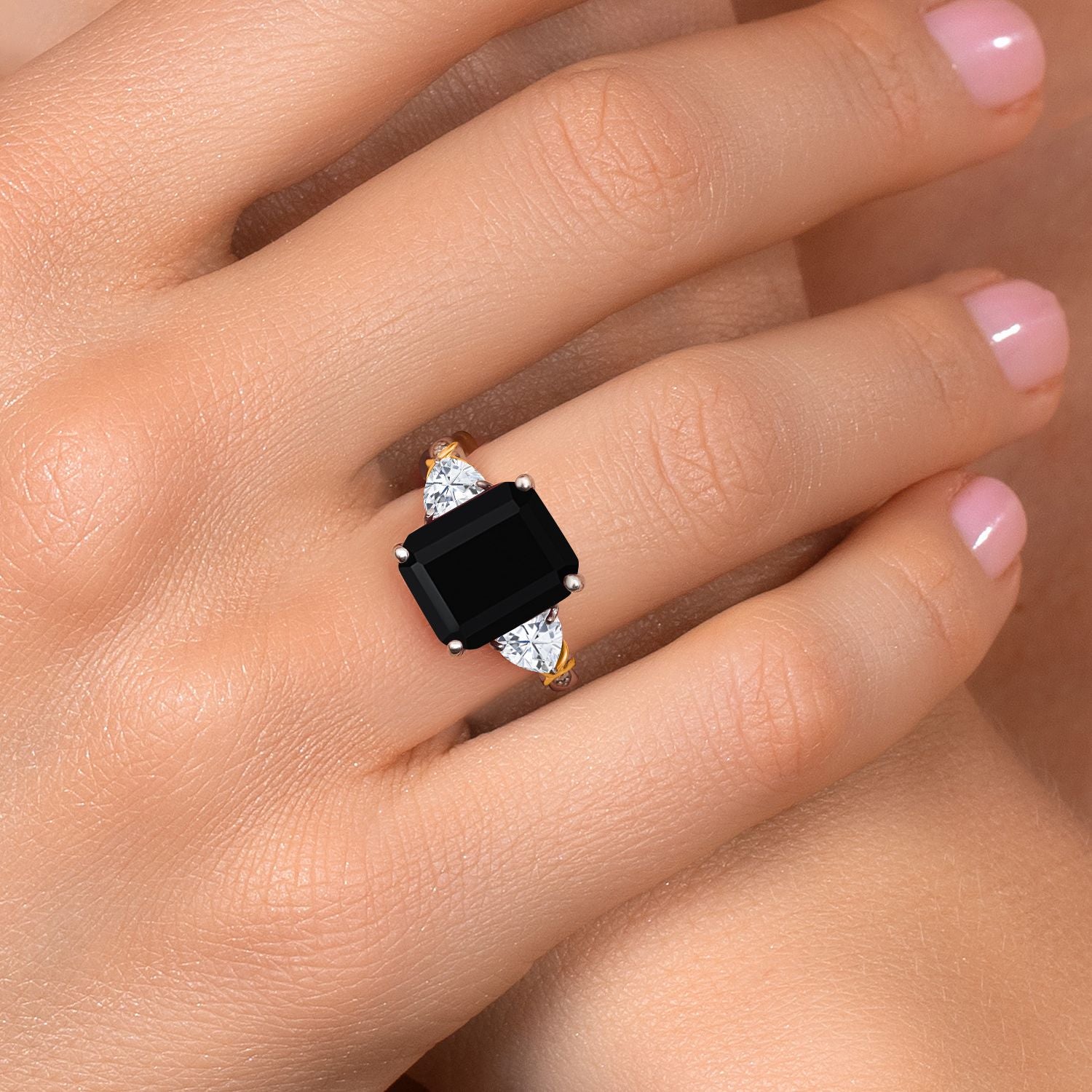 925 Silver and 10K Yellow Gold Black Onyx Moissanite and Diamond 3 Stone Ring For Women (6.73 Cttw, Gemstone December Birthstone, Emerald Cut 12X10MM, Available In Size 5, 6, 7, 8, 9)