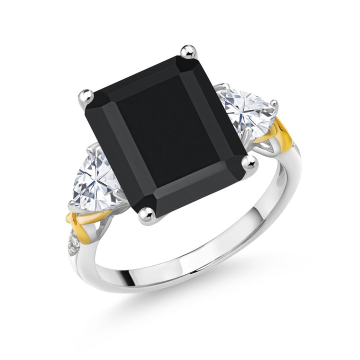 Gem Stone King 6.73 Cttw Black Onyx Moissanite and Diamond 3 Stone Ring For Women | 925 Silver and 10K Yellow Gold | Gemstone Birthstone | Emerald Cut 12X10MM