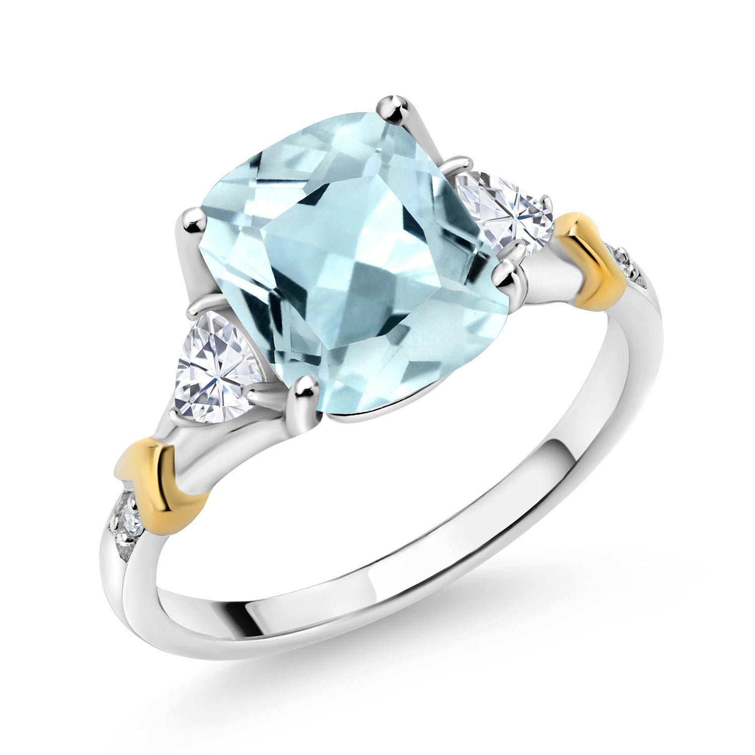 925 Silver and 10K Yellow Gold Sky Blue Simulated Aquamarine White Moissanite and Diamond Women Ring (3.04 Cttw, Available In Size 5, 6, 7, 8, 9)