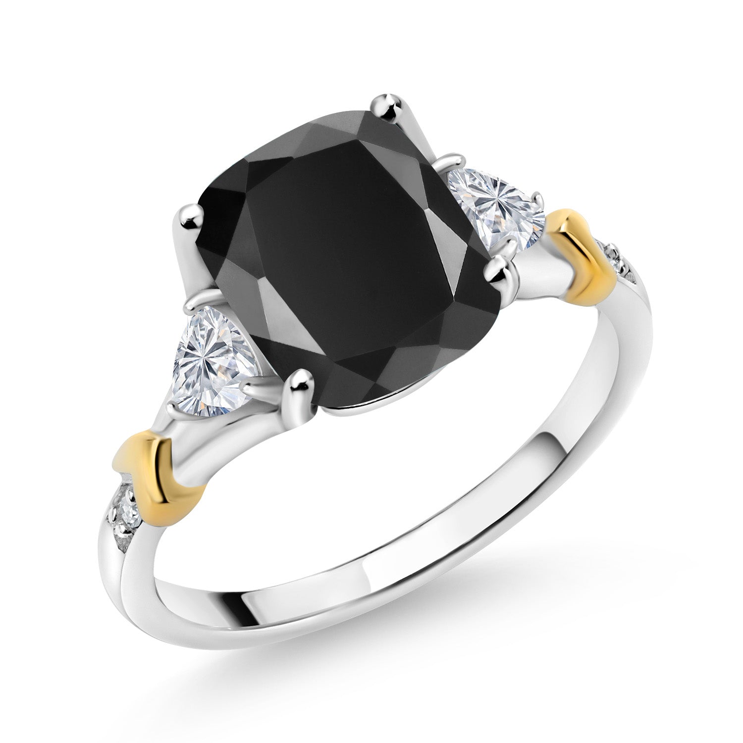 3.03 Cttw Cushion Black Onyx and White Lab Grown Diamond 925 Silver and 10K Yellow Gold Ring For Women | 10X8MM Cushion and 3.5MM Trillion | Available In Size 5, 6, 7, 8, 9