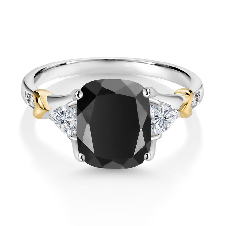 3.03 Cttw Cushion Black Onyx and White Lab Grown Diamond 925 Silver and 10K Yellow Gold Ring For Women | 10X8MM Cushion and 3.5MM Trillion | Available In Size 5, 6, 7, 8, 9