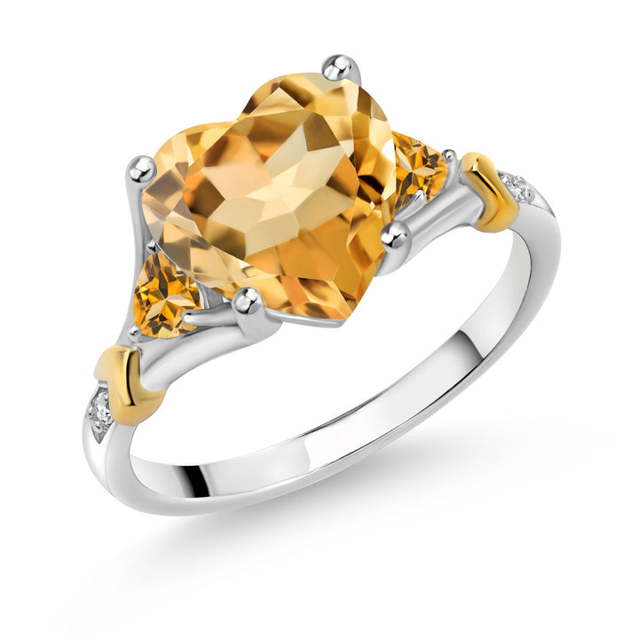 925 Silver and 10K Yellow Gold Yellow Citrine and White Diamond Engagement Ring For Women | 3.55 Cttw | Heart Shape 10MM | Gemstone November Birthstone | Available in Size 5,6,7,8,9