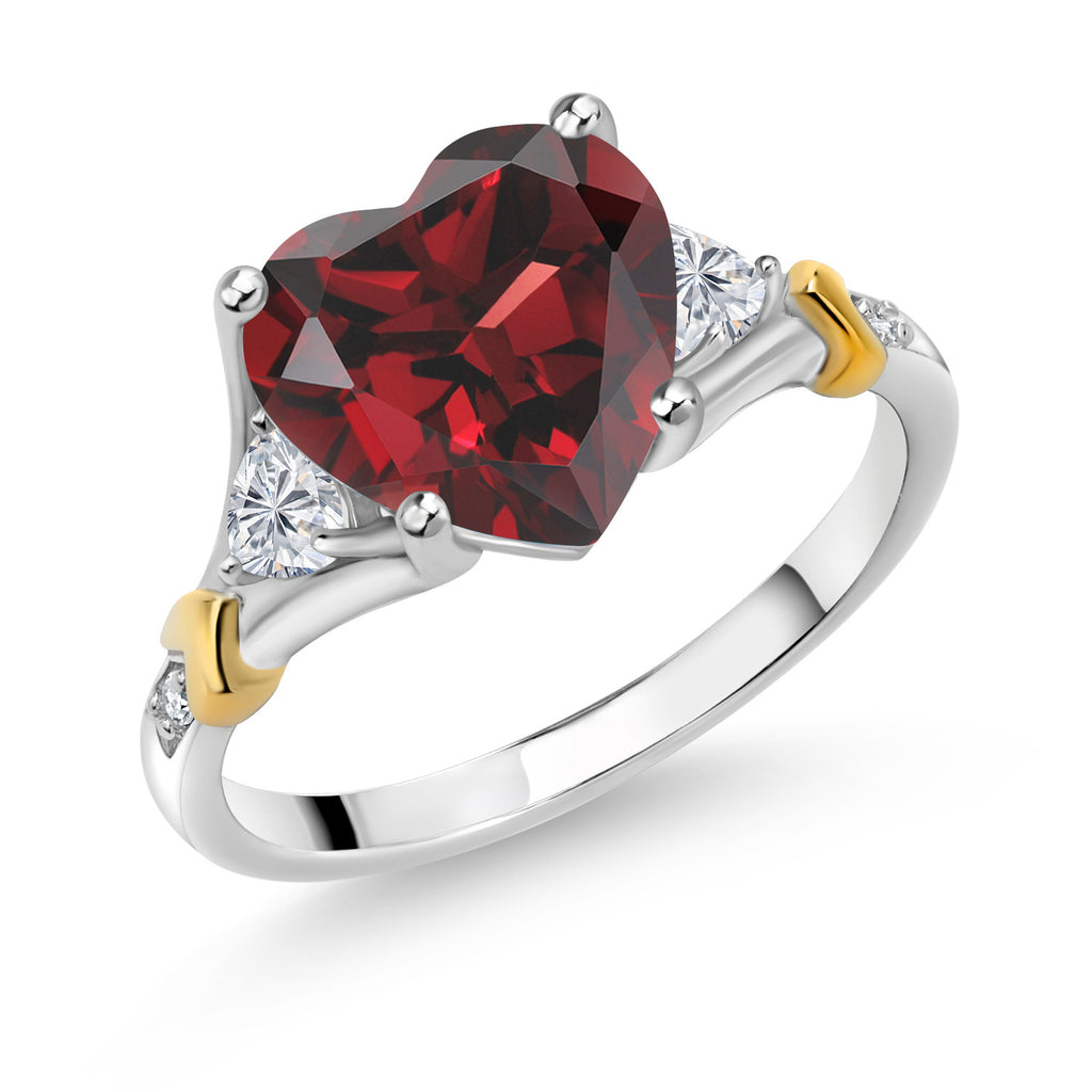 8_4.30 Cttw Red Garnet and White Lab Grown Diamond 925 Silver and 10K Yellow Gold Ring For Women | Gemstone Birthstone | Available In Size 5, 6, 7, 8, 9