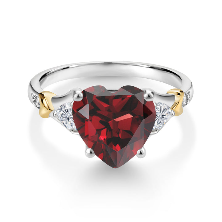 4.30 Cttw Red Garnet and White Lab Grown Diamond 925 Silver and 10K Yellow Gold Ring For Women | Gemstone Birthstone | Available In Size 5, 6, 7, 8, 9