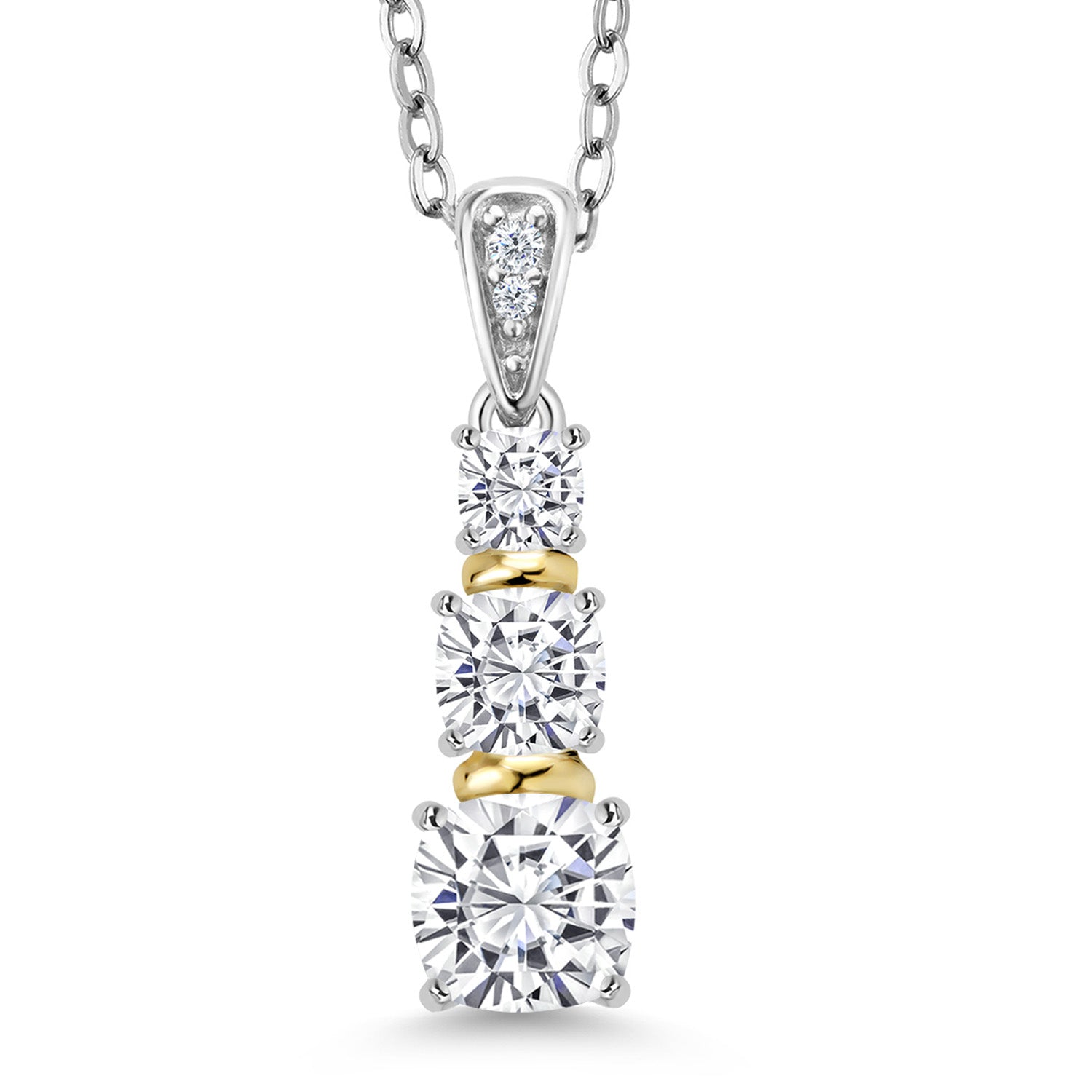 925 Sterling Silver and 10K Yellow Gold White Moissanite and White Diamond 3 Stone Pendant Necklace For Women (1.08 Cttw, Cushion 5MM, 4MM and 3MM, with 18 Inch Chain)