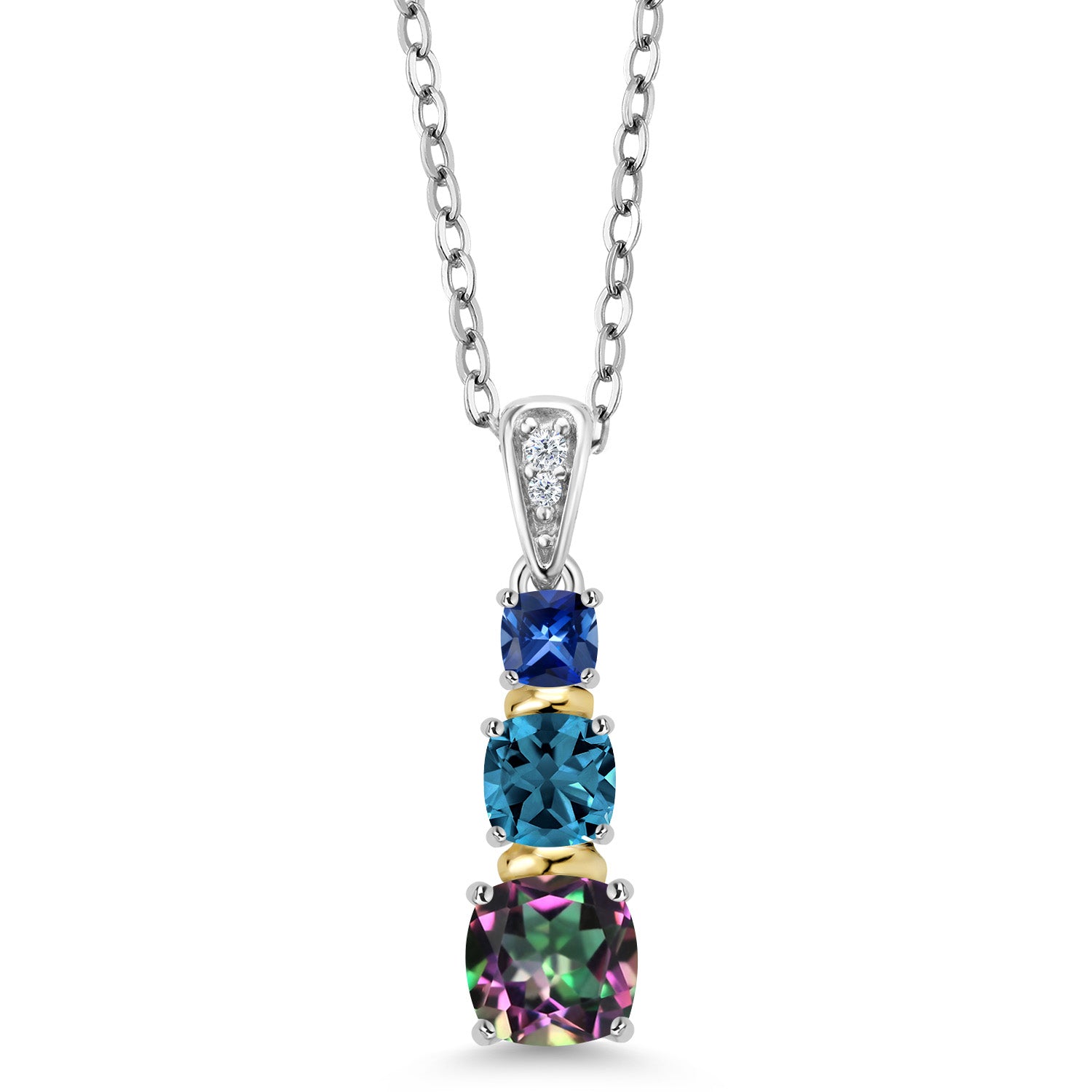 925 Silver and 10K Yellow Gold Green Mystic Topaz London Blue Topaz Blue Created Sapphire and White Diamond Pendant Necklace For Women (1.48 Cttw, with 18 Inch Chain)