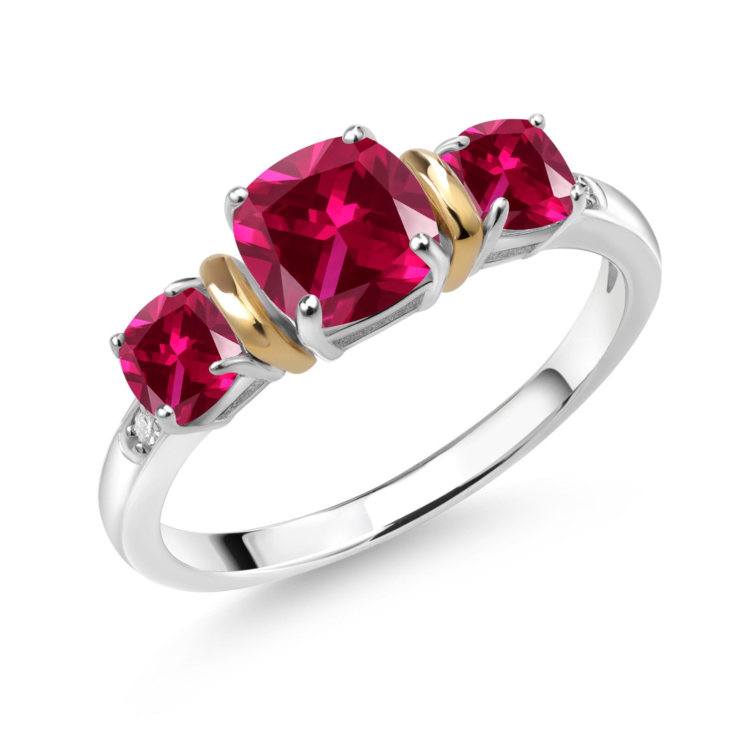 925 Sterling Silver and 10K Yellow Gold Red Created Ruby and Diamond 3-Stone Ring For Women (1.75 Cttw, Cushion 6MM and 4MM, Available In Size 5, 6, 7, 8, 9)