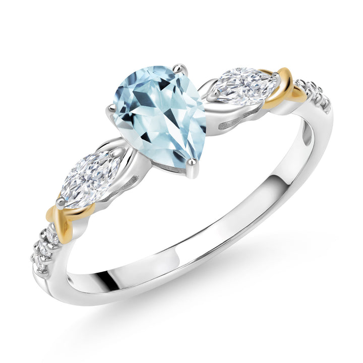 925 Silver 10K Yellow Gold Pear Shape Sky Blue Aquamarine White Moissanite and White Lab Grown Diamond Engagement Ring For Women 0.94 Cttw, Gemstone March Birthstone