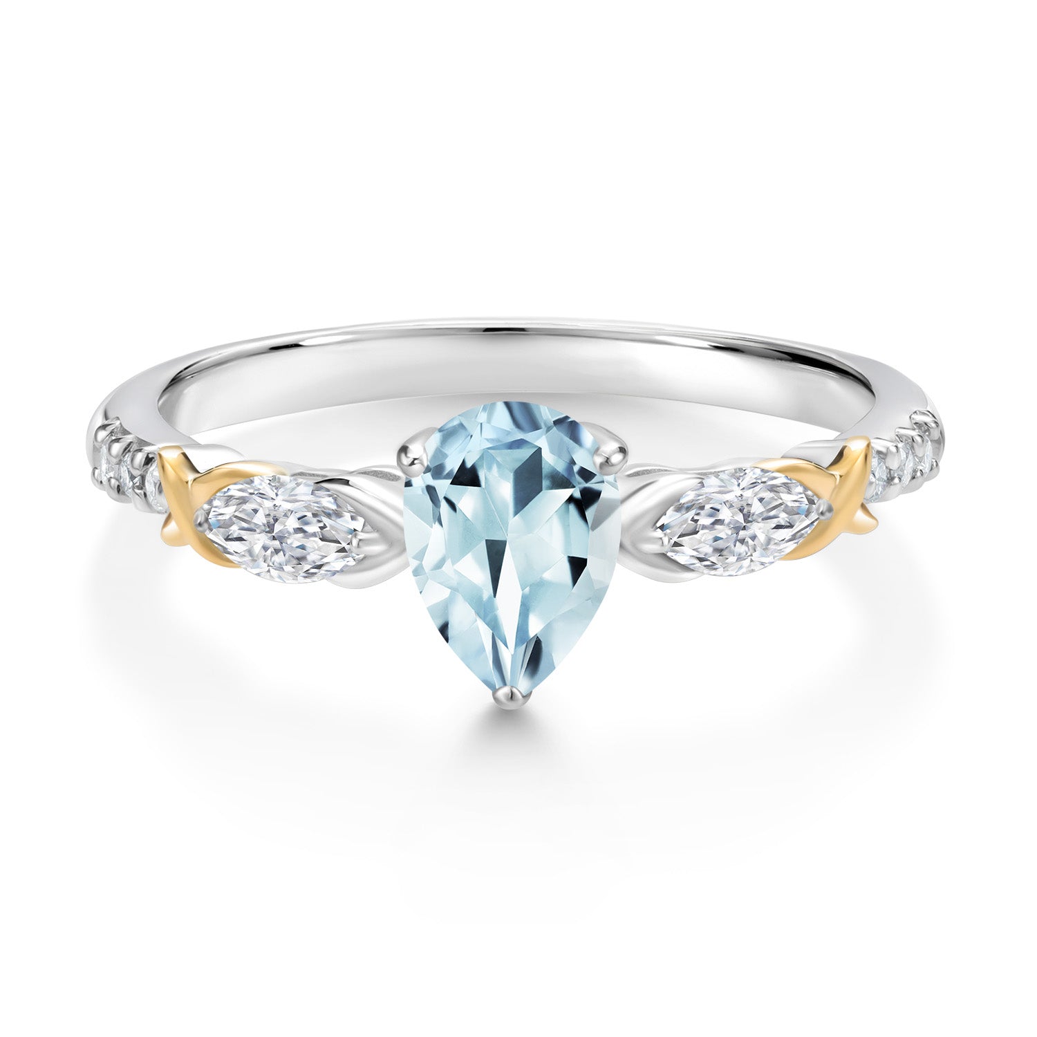 925 Silver 10K Yellow Gold Pear Shape Sky Blue Aquamarine White Moissanite and White Lab Grown Diamond Engagement Ring For Women 0.94 Cttw, Gemstone March Birthstone