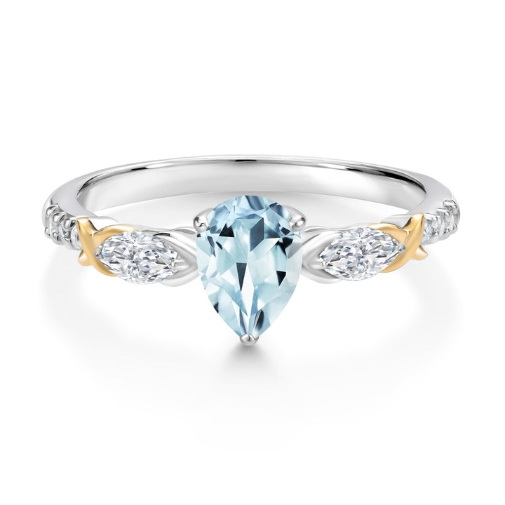 925 Silver 10K Yellow Gold Pear Shape Sky Blue Aquamarine White Moissanite and White Lab Grown Diamond Engagement Ring For Women 0.94 Cttw, Gemstone March Birthstone