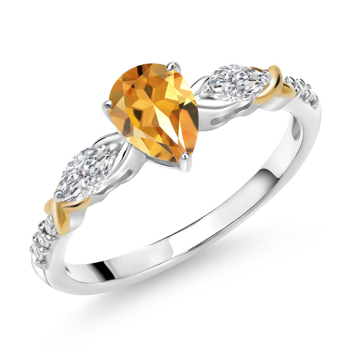 925 Silver and 10K Yellow Gold Yellow Citrine and White Lab Grown Diamond Engagement Ring | 1.13 Cttw | Pear Shape 7X5MM | November Birthstone | Available in Size 5,6,7,8,9