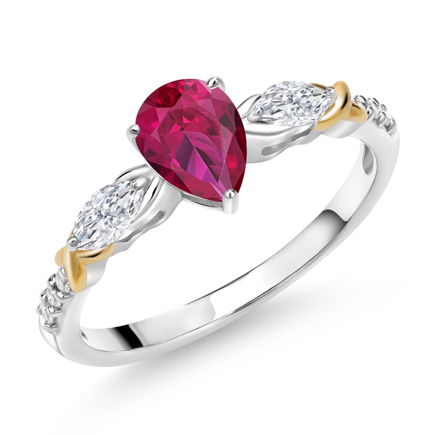 925 Silver 10K Yellow Gold Pear Shape Red Created Ruby White Moissanite and White Lab Grown Diamond Engagement Ring For Women (1.29 Cttw, Gemstone July Birthstone, Available in Size 5,6,7,8,9)