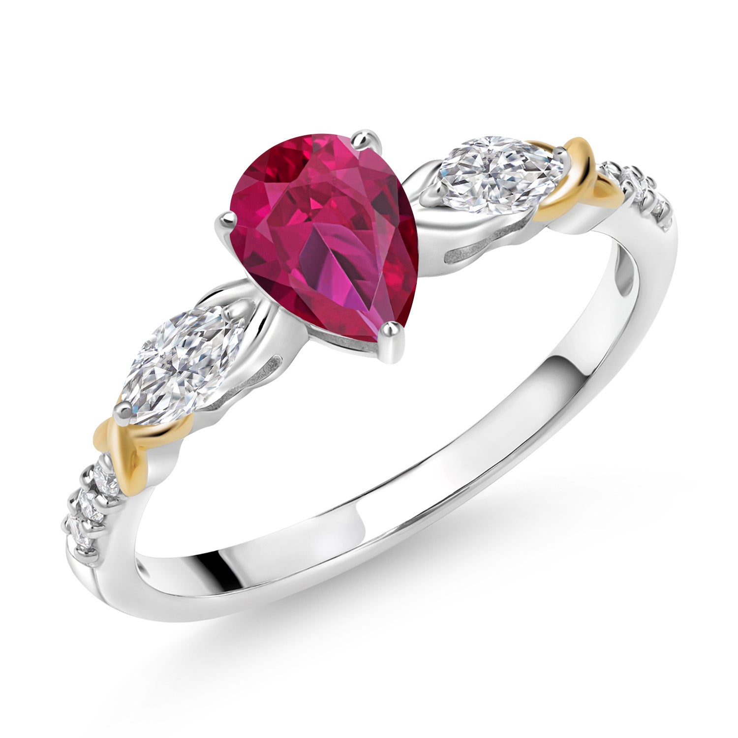 925 Silver and 10K Yellow Gold Red Created Ruby and White Lab Grown Diamond Engagement Ring | 1.29 Cttw | Pear Shape 7X5MM | July Birthstone | Available in Size 5,6,7,8,9