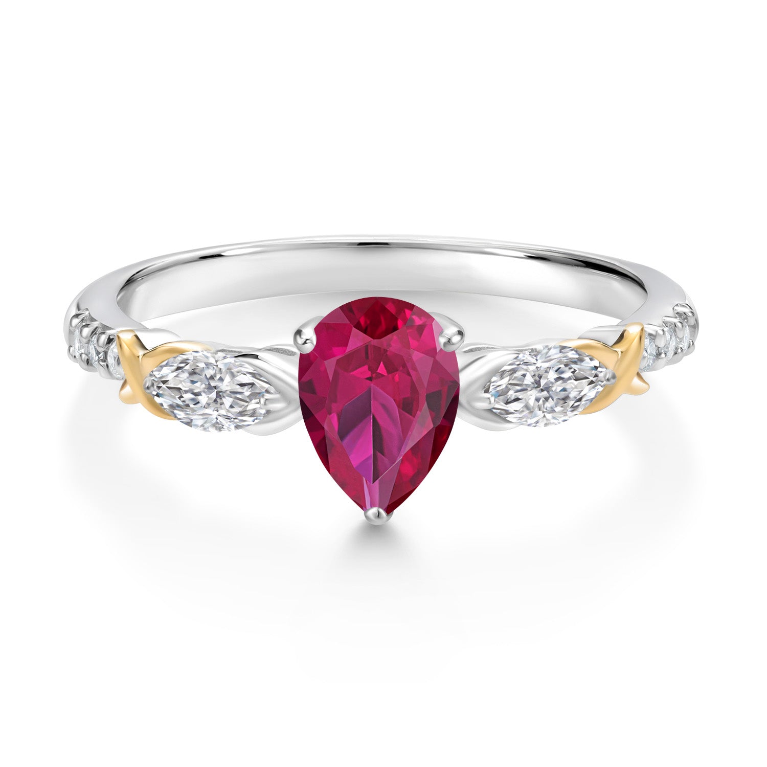 925 Silver and 10K Yellow Gold Red Created Ruby and White Lab Grown Diamond Engagement Ring | 1.29 Cttw | Pear Shape 7X5MM | July Birthstone | Available in Size 5,6,7,8,9