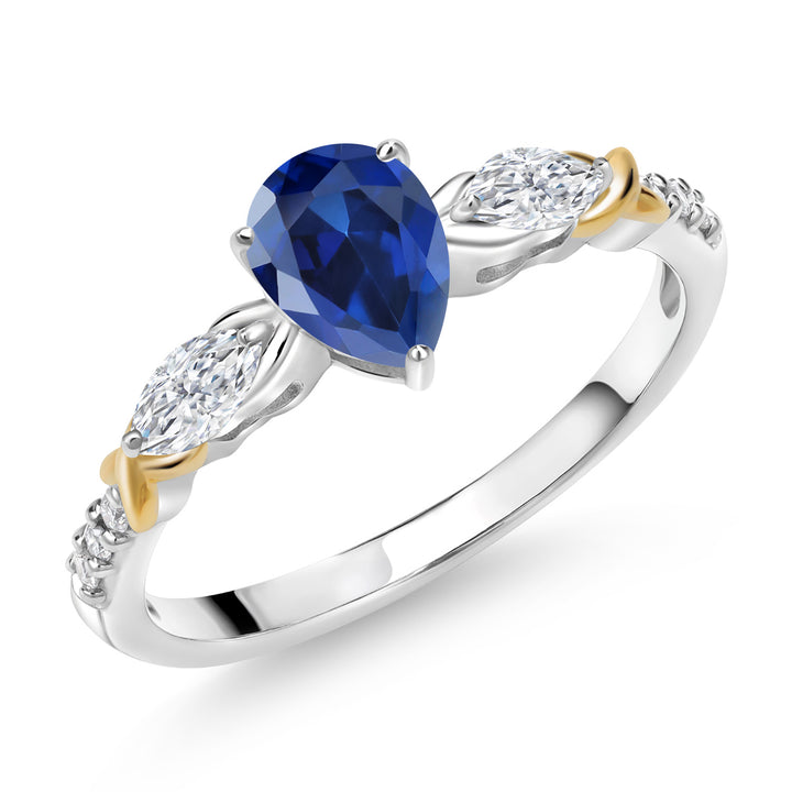 925 Silver 10K Yellow Gold Pear Shape Blue Created Sapphire White Moissanite and Lab Grown Diamond Engagement Ring For Women (1.29 Cttw, Gemstone September Birthstone, Available in Size 5,6,7,8,9)