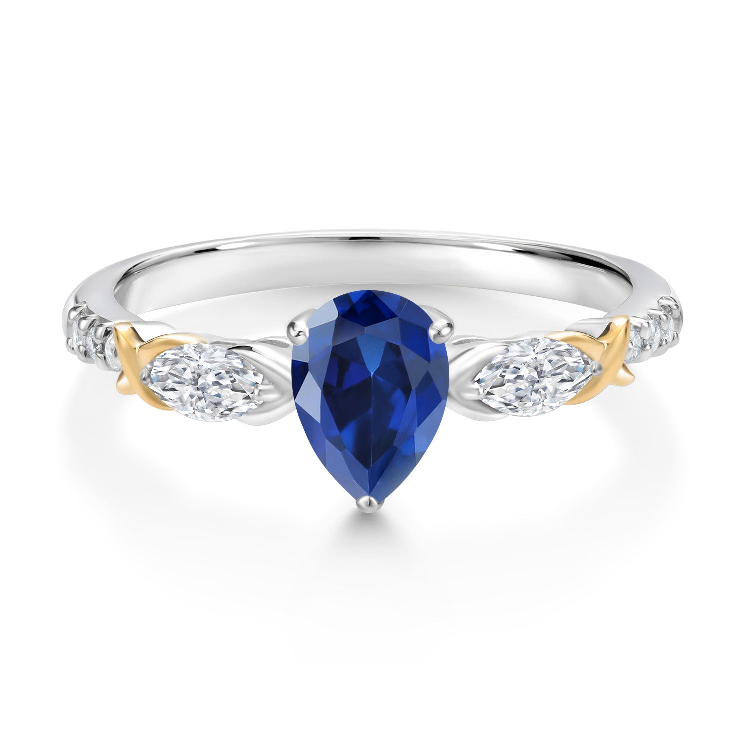 925 Silver 10K Yellow Gold Pear Shape Blue Created Sapphire White Moissanite and Lab Grown Diamond Engagement Ring For Women (1.29 Cttw, Gemstone September Birthstone, Available in Size 5,6,7,8,9)