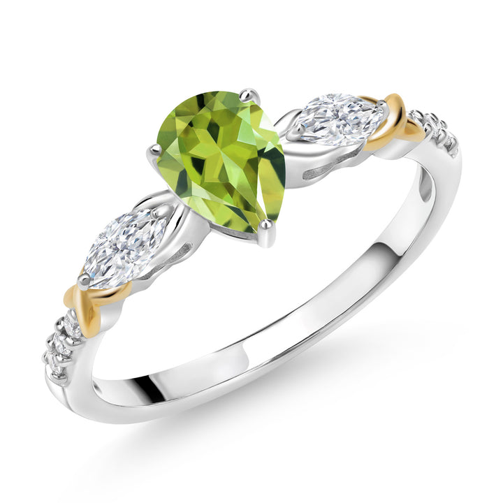 925 Silver 10K Yellow Gold Pear Shape Green Peridot White Moissanite and White Lab Grown Diamond Engagement Ring For Women (0.97 Cttw, Gemstone August Birthstone, Available in Size 5,6,7,8,9)