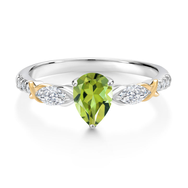 925 Silver 10K Yellow Gold Pear Shape Green Peridot White Moissanite and White Lab Grown Diamond Engagement Ring For Women (0.97 Cttw, Gemstone August Birthstone, Available in Size 5,6,7,8,9)