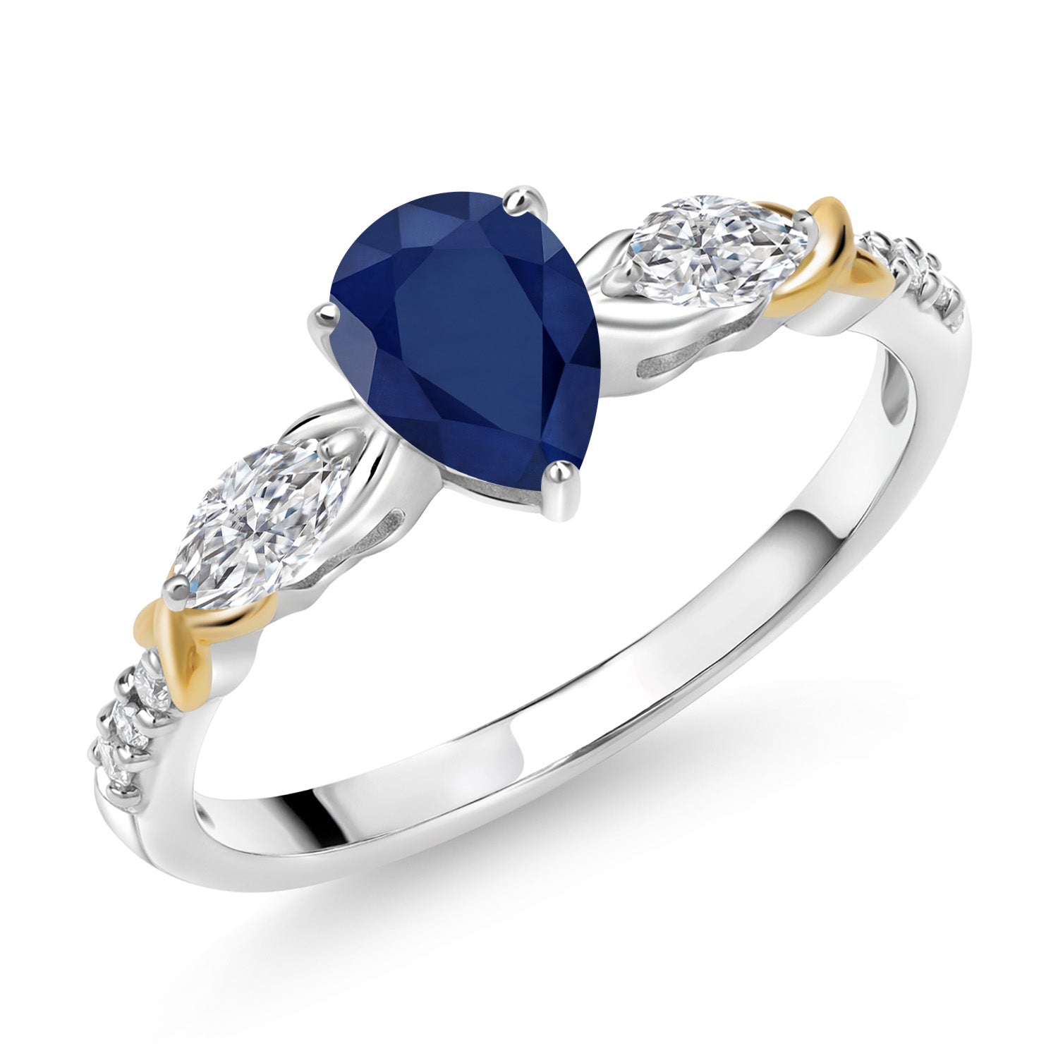 925 Silver and 10K Yellow Gold Blue Sapphire and Lab Grown Diamond Engagement Ring | 1.18 Cttw | Pear Shape 7X5MM | September Birthstone | Available in Size 5,6,7,8,9