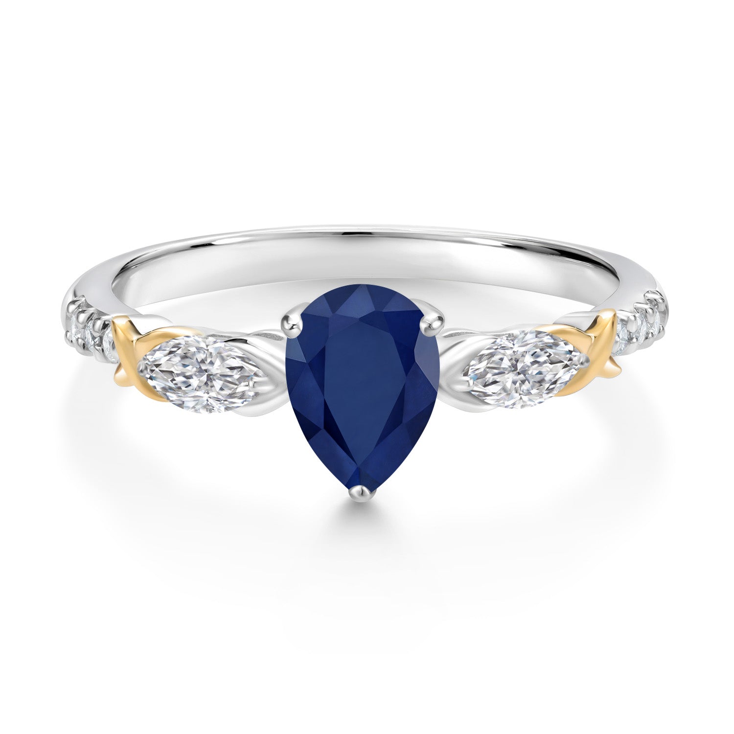 925 Silver and 10K Yellow Gold Blue Sapphire and Lab Grown Diamond Engagement Ring | 1.18 Cttw | Pear Shape 7X5MM | September Birthstone | Available in Size 5,6,7,8,9