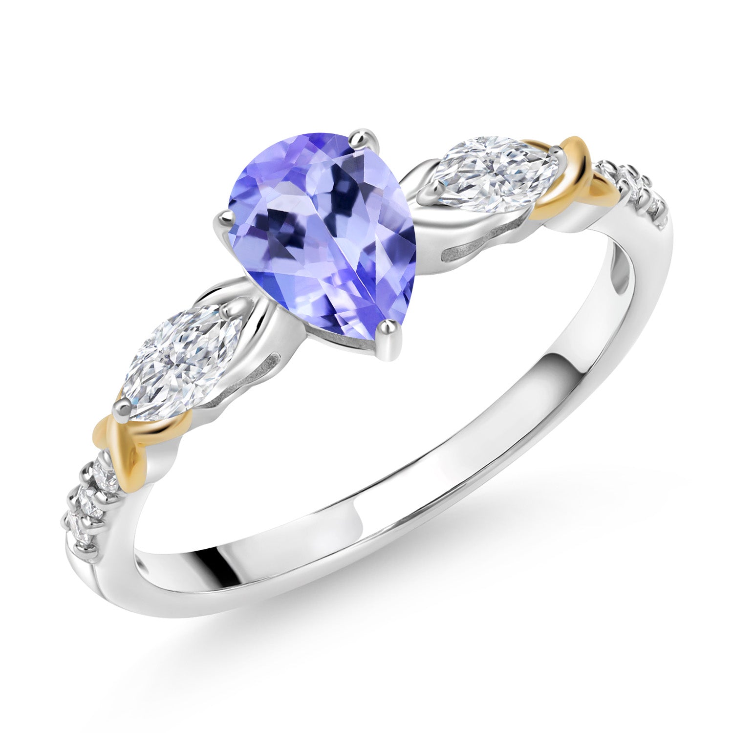 925 Silver 10K Yellow Gold Pear Shape Blue Tanzanite White Moissanite and White Lab Grown Diamond Engagement Ring For Women (0.95 Cttw, Gemstone December Birthstone, Available in Size 5,6,7,8,9)