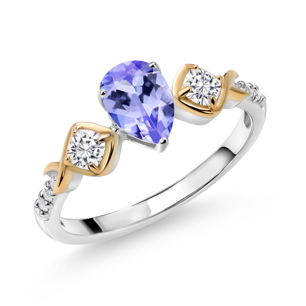 Gem Stone King 0.97 Cttw Blue Tanzanite White Moissanite and White Lab Grown Diamond Women Ring for Women | 925 Sterling Silver and 10K Yellow Gold | Pear Shape 7X5MM | Size 5-9