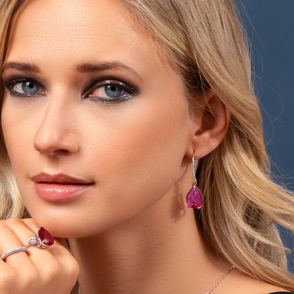 Created Ruby - July_Earrings in 925 Sterling Silver and 10K Yellow Gold