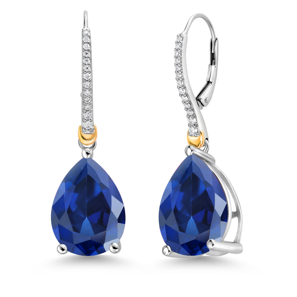 Blue Created Sapphire - September_Earrings in 925 Sterling Silver and 10K Yellow Gold