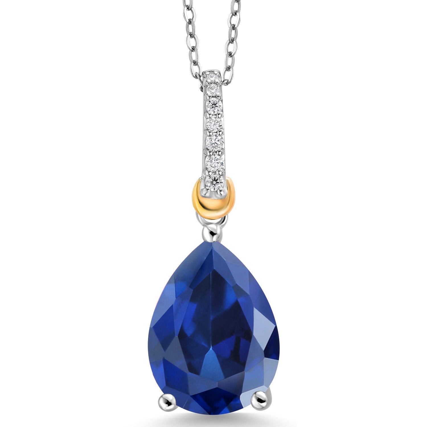 925 Sterling Silver and 10K Yellow Gold Pear Shape Blue Simulated Sapphire and White Moissanite Pendant Necklace For Women (10.26 Cttw with 18 Inch Chain)