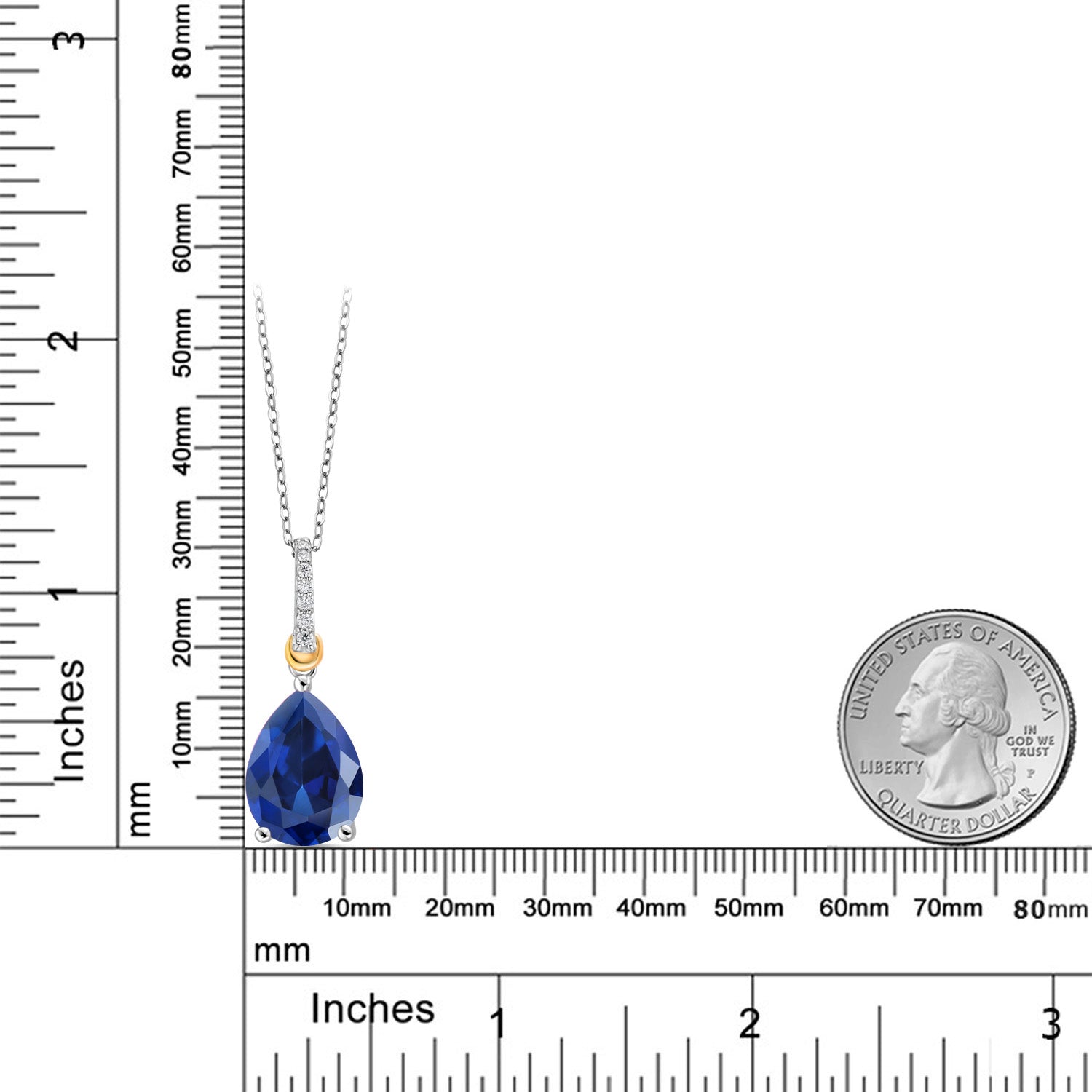 925 Sterling Silver and 10K Yellow Gold Pear Shape Blue Simulated Sapphire and White Moissanite Pendant Necklace For Women (10.26 Cttw with 18 Inch Chain)