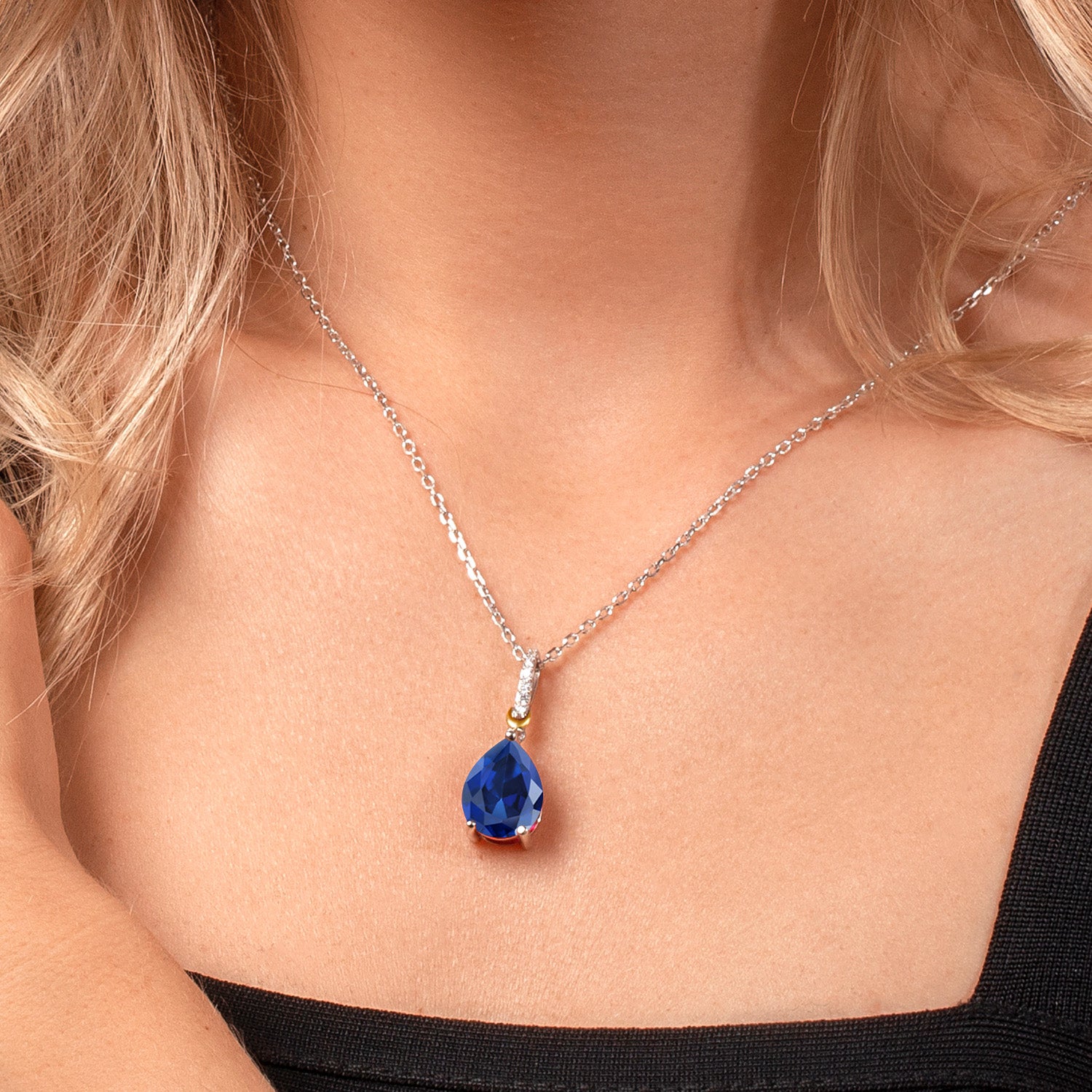 925 Sterling Silver and 10K Yellow Gold Pear Shape Blue Simulated Sapphire and White Moissanite Pendant Necklace For Women (10.26 Cttw with 18 Inch Chain)