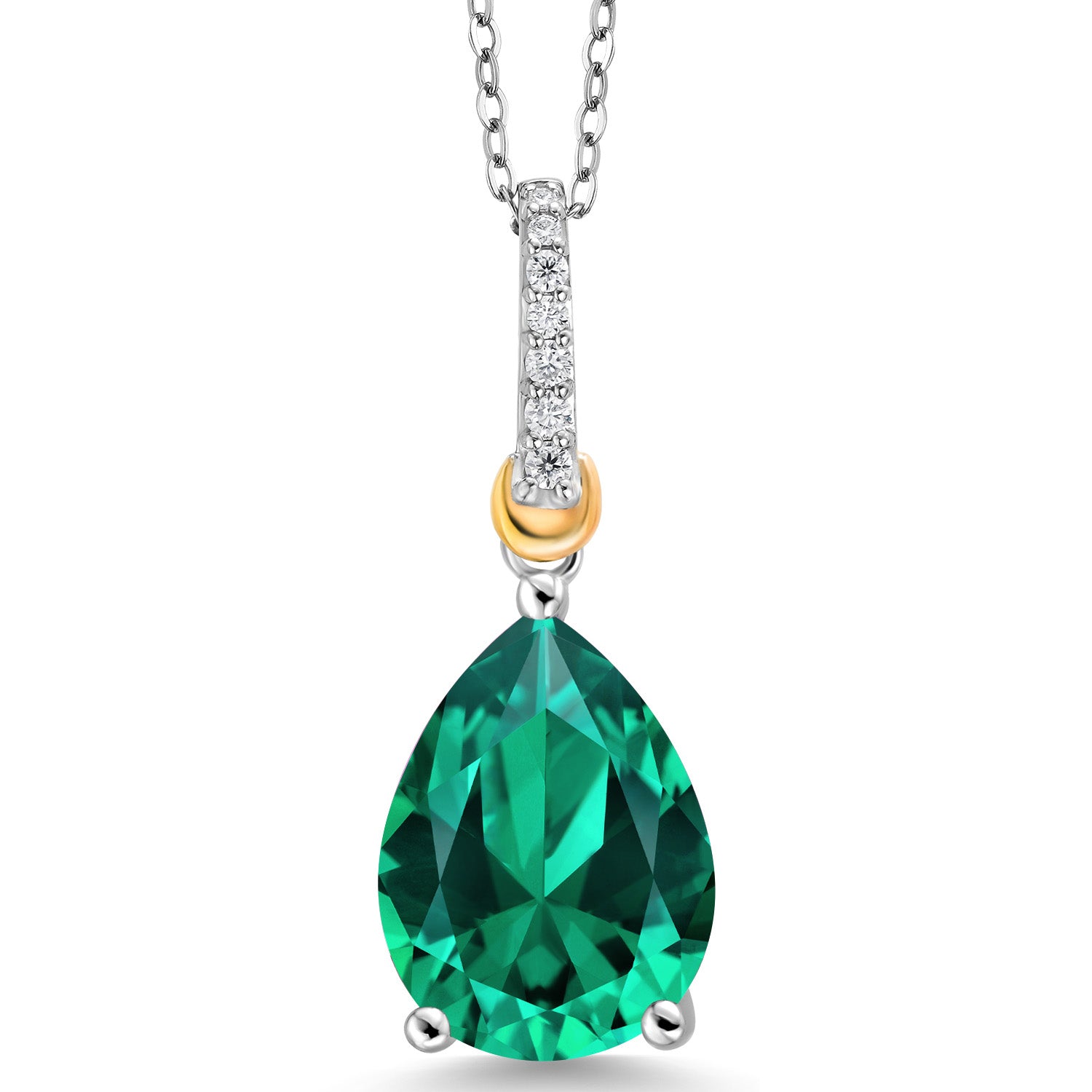 925 Sterling Silver and 10K Yellow Gold Green Nano Emerald and White Moissanite Pendant Necklace For Women (8.31 Cttw, Pear Shape 16X12MM, with 18 Inch Chain)