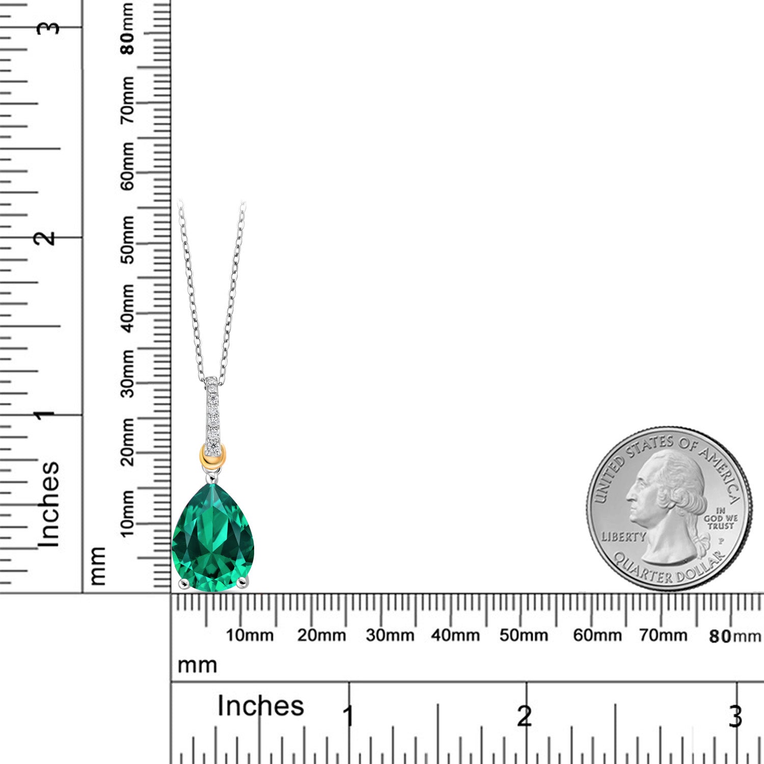 925 Sterling Silver and 10K Yellow Gold Green Nano Emerald and White Moissanite Pendant Necklace For Women (8.31 Cttw, Pear Shape 16X12MM, with 18 Inch Chain)