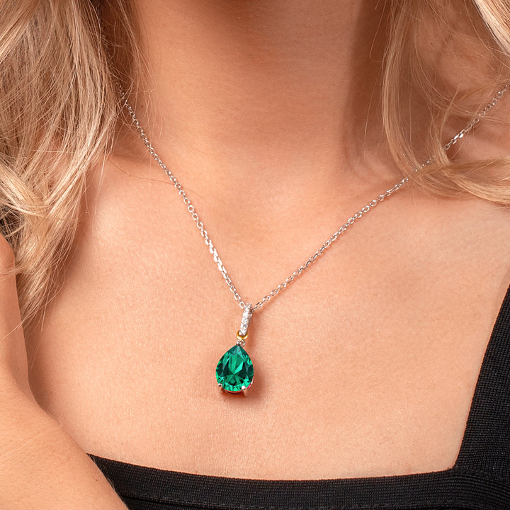 925 Sterling Silver and 10K Yellow Gold Green Nano Emerald and White Moissanite Pendant Necklace For Women (8.31 Cttw, Pear Shape 16X12MM, with 18 Inch Chain)