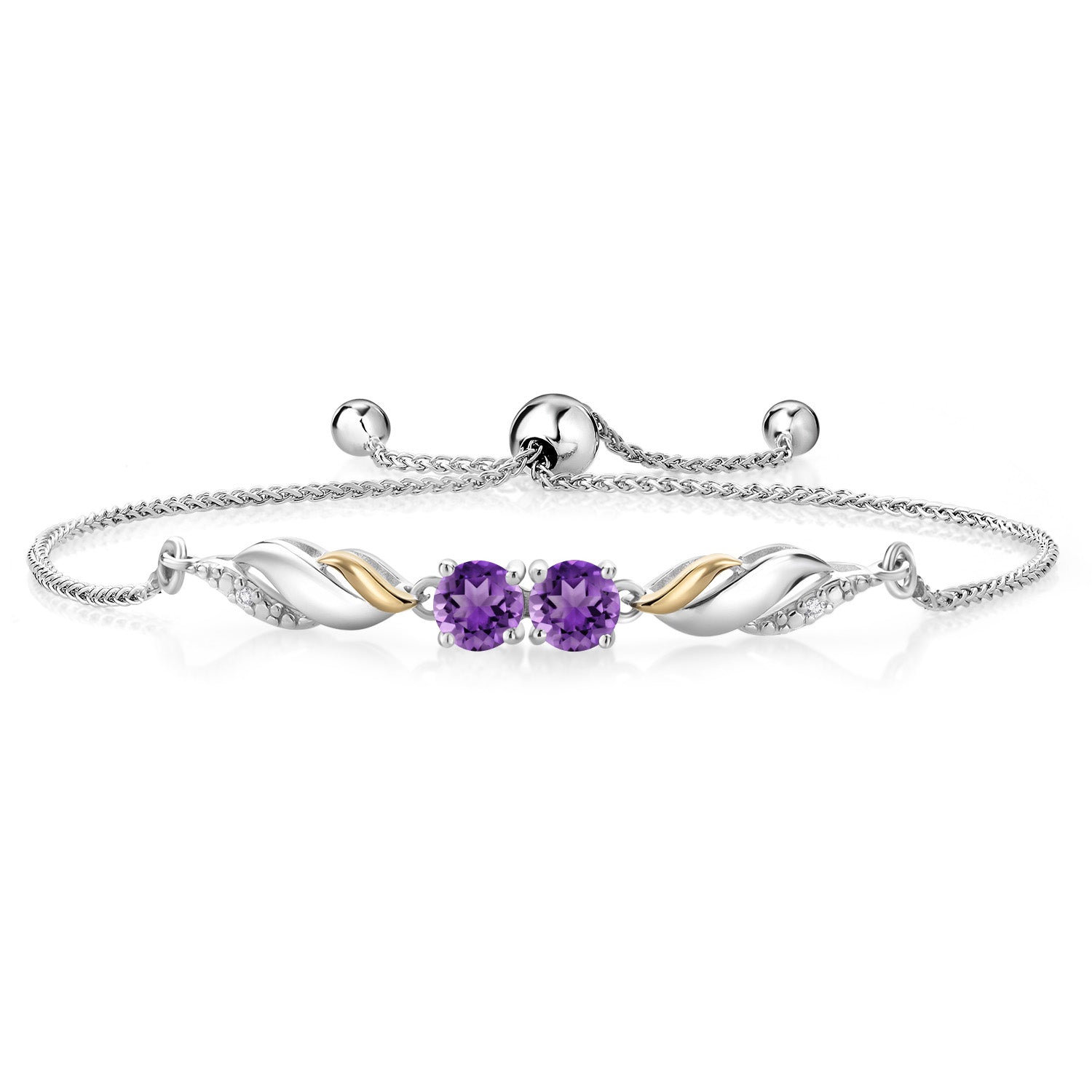 Purple Amethyst and White Lab Grown Diamond Tennis Bracelet For Women in 925 Silver and 10K Yellow Gold | 0.97 Cttw | Gemstone Birthstone | Round 5MM | Fully Adjustable Up to 9 Inch