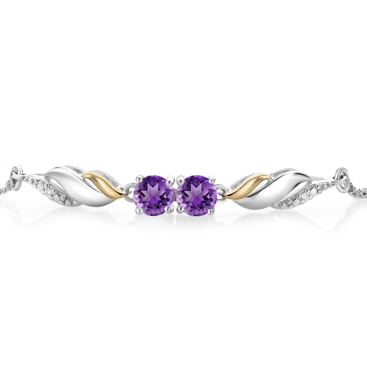 Purple Amethyst and White Lab Grown Diamond Tennis Bracelet For Women in 925 Silver and 10K Yellow Gold | 0.97 Cttw | Gemstone Birthstone | Round 5MM | Fully Adjustable Up to 9 Inch