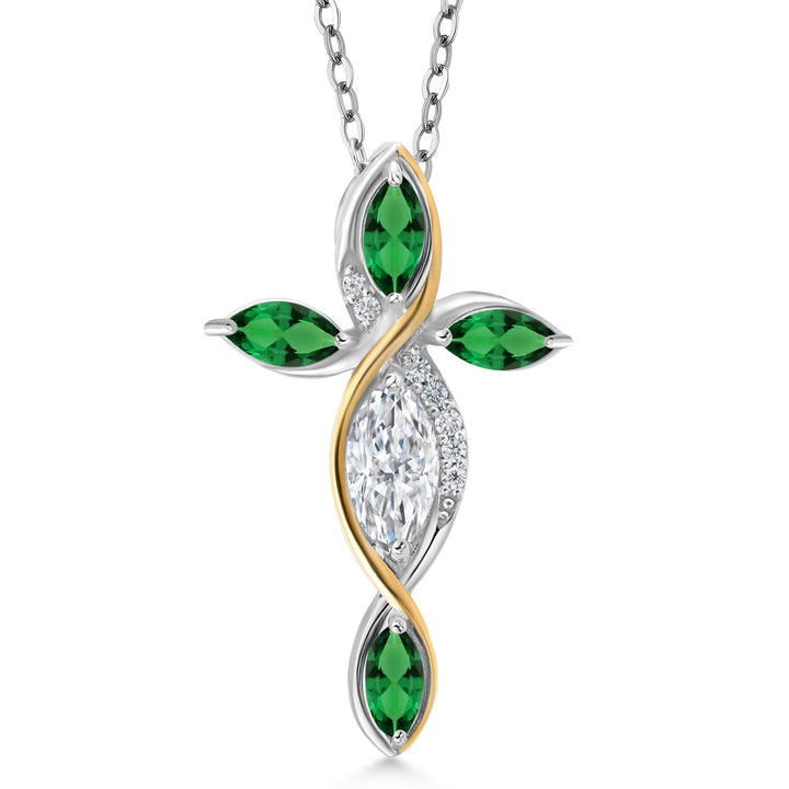 Cross Necklace For Women In 925 Silver and 10K Yellow Gold with White Moissanite and Green Nano Emerald | 1.32 Cttw | Jesus Christian Religious Crucifix | Marquise 8X4MM | 18 Inch Chain