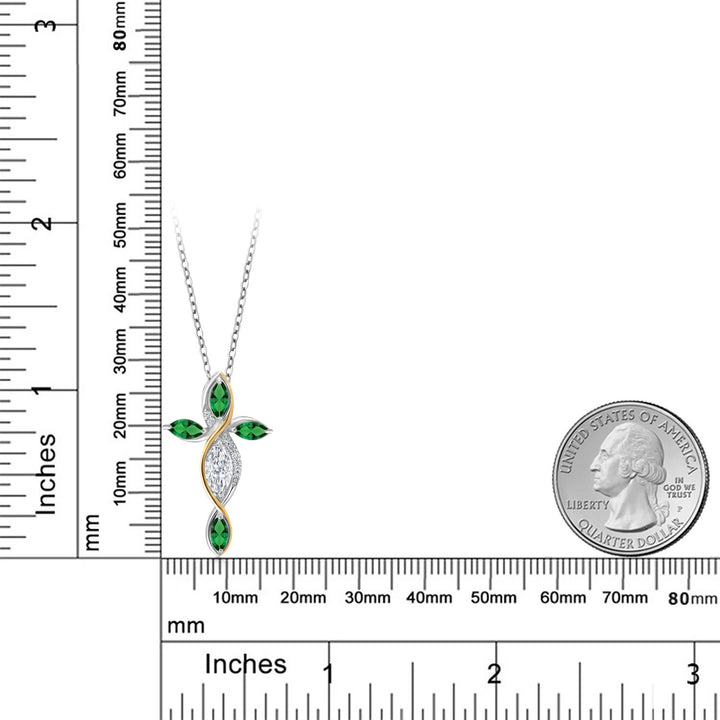 Cross Necklace For Women In 925 Silver and 10K Yellow Gold with White Moissanite and Green Nano Emerald | 1.32 Cttw | Jesus Christian Religious Crucifix | Marquise 8X4MM | 18 Inch Chain