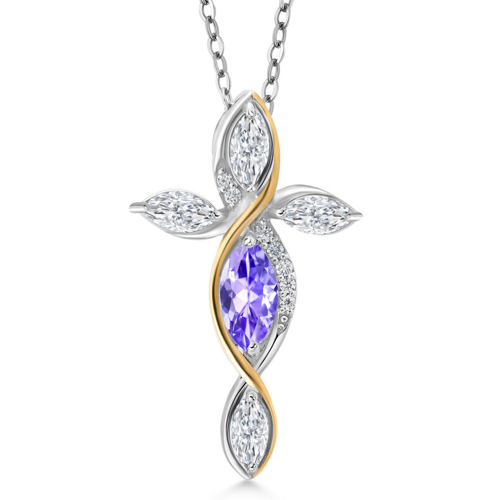 Cross Necklace For Women In 925 Silver and 10K Yellow Gold with Blue Tanzanite and White Moissanite | 1.32 Cttw | Jesus Christian Religious Crucifix | Marquise 8X4MM | With 18 Inch Chain