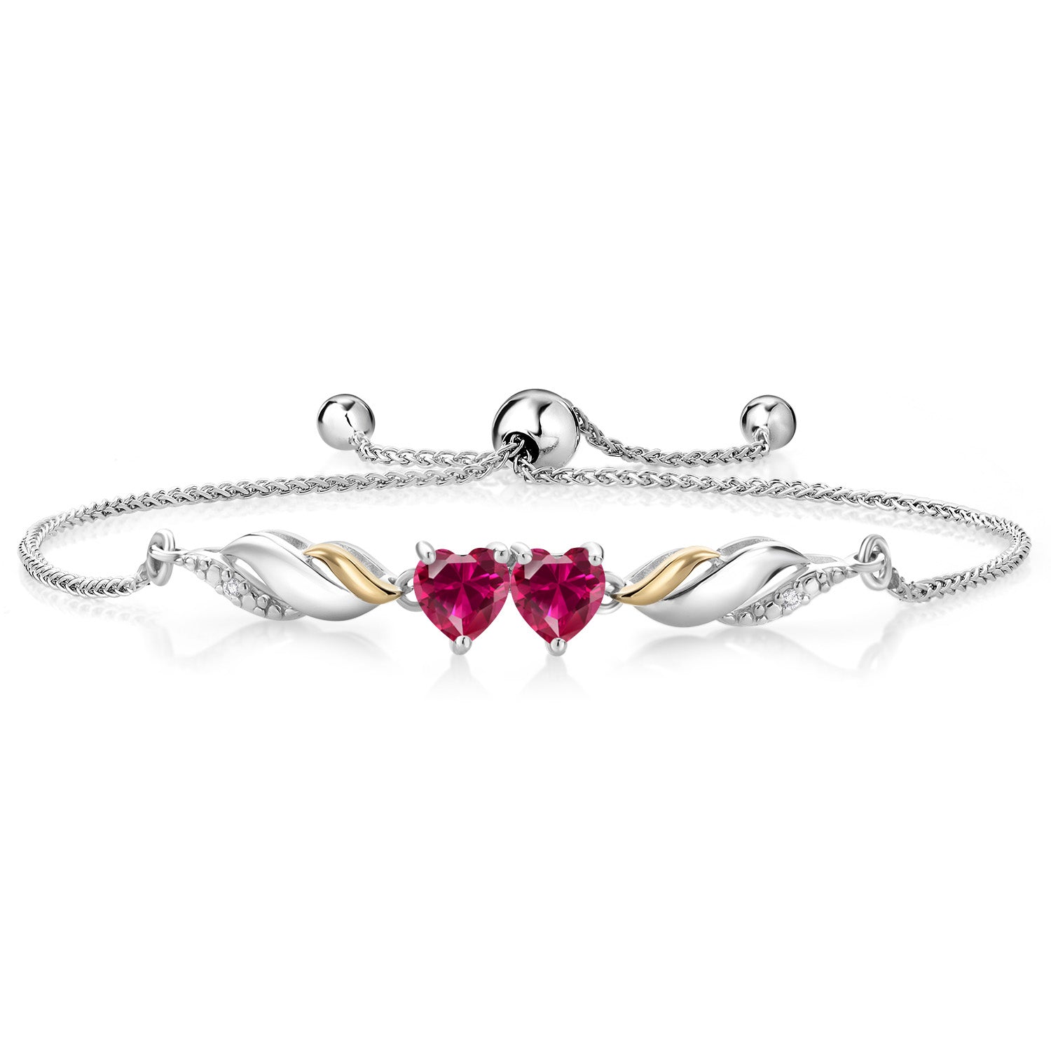 925 Sterling Silver and 10K Yellow Gold Red Created Ruby and White Lab Grown Diamond Tennis Bracelet For Women (1.22 Cttw, Heart Shape 5MM, Fully Adjustable Up to 9 Inch)