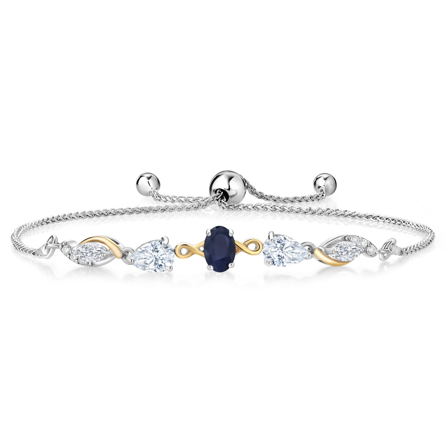 925 Sterling Silver and 10K Yellow Gold Blue Sapphire White Moissanite and Lab Diamond Tennis Bracelet For Women By Keren Hanan (1.60 Cttw, Gemstone Birthstone, Fully Adjustable Up to 9 Inch)