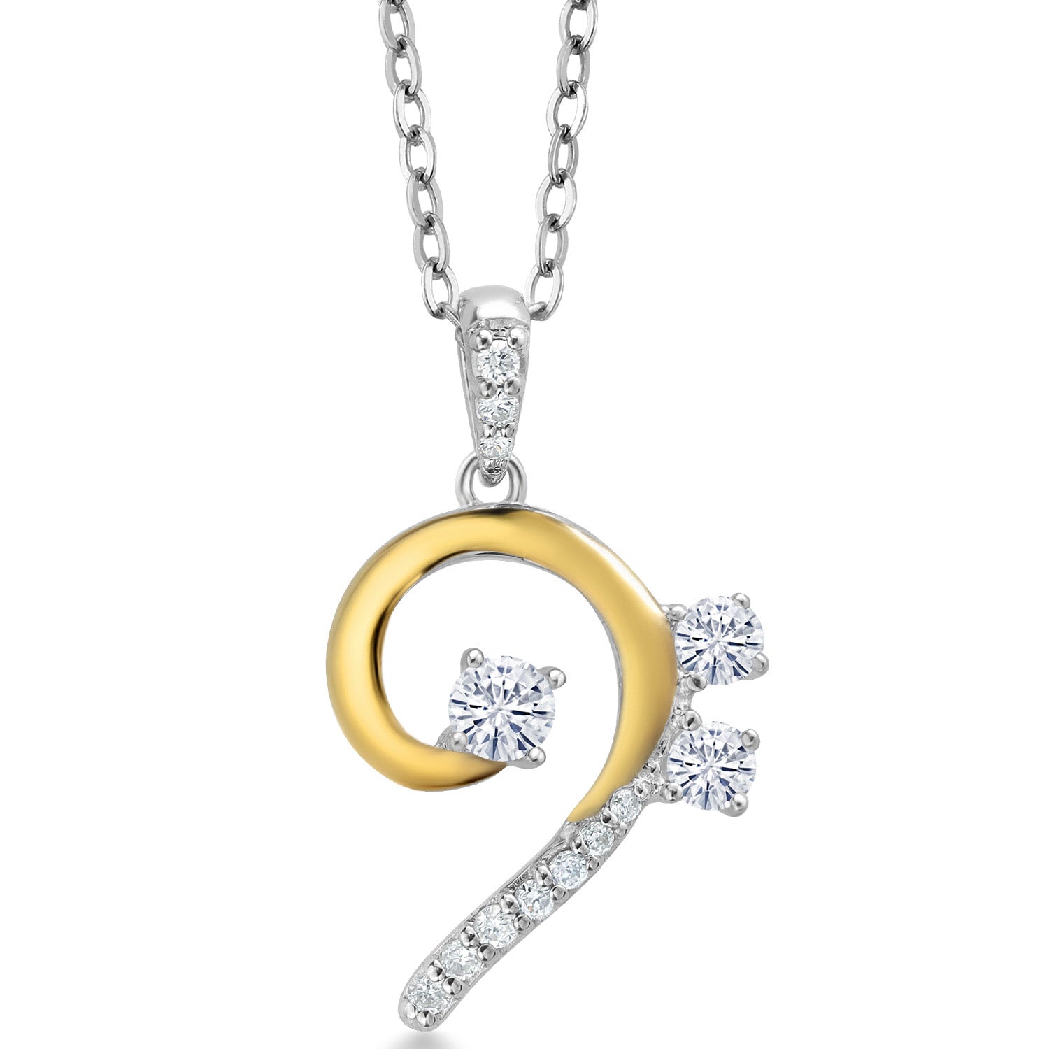 925 Sterling Silver and 10K Yellow Gold White Moissanite and White Lab Grown Diamond Bass Clef Music Note Pendant Necklace For Women By Keren Hanan (0.31 Cttw, with 18 Inch Chain)