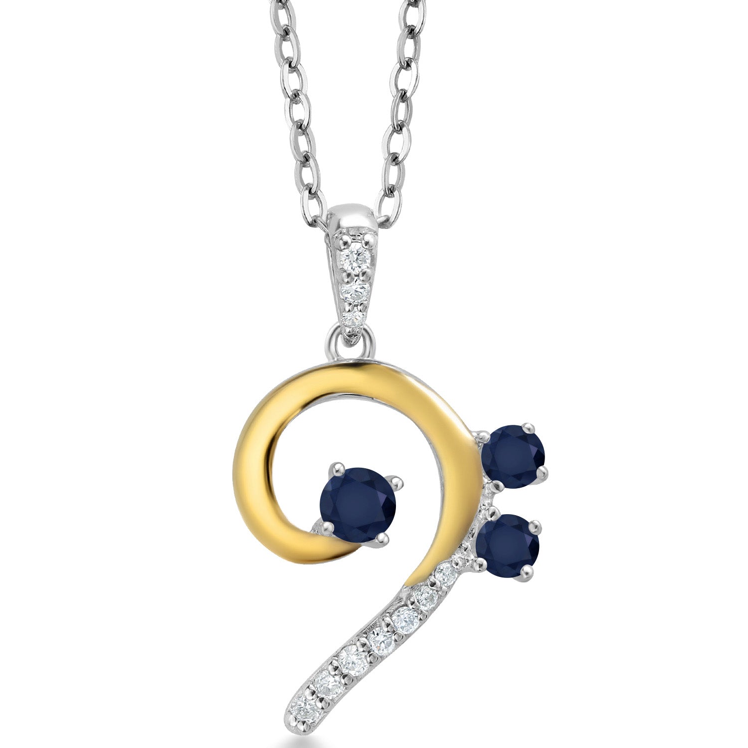 925 Sterling Silver and 10K Yellow Gold Blue Sapphire and White Lab Grown Diamond Bass Clef Music Note Pendant Necklace For Women By Keren Hanan (0.35 Cttw, with 18 Inch Chain)