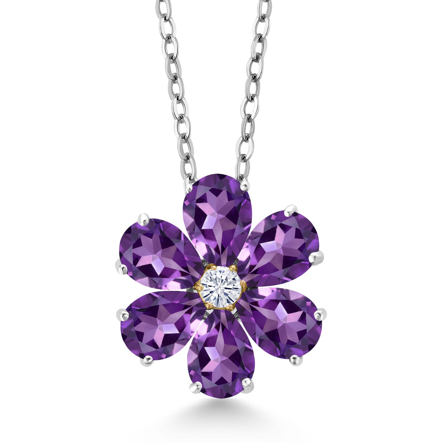 925 Sterling Silver and 10K Yellow Gold Purple Amethyst and White Moissanite Pear Shape Flower Pendant Necklace For Women (2.23 Cttw, Gemstone Birthstone, with 18 Inch Chain)