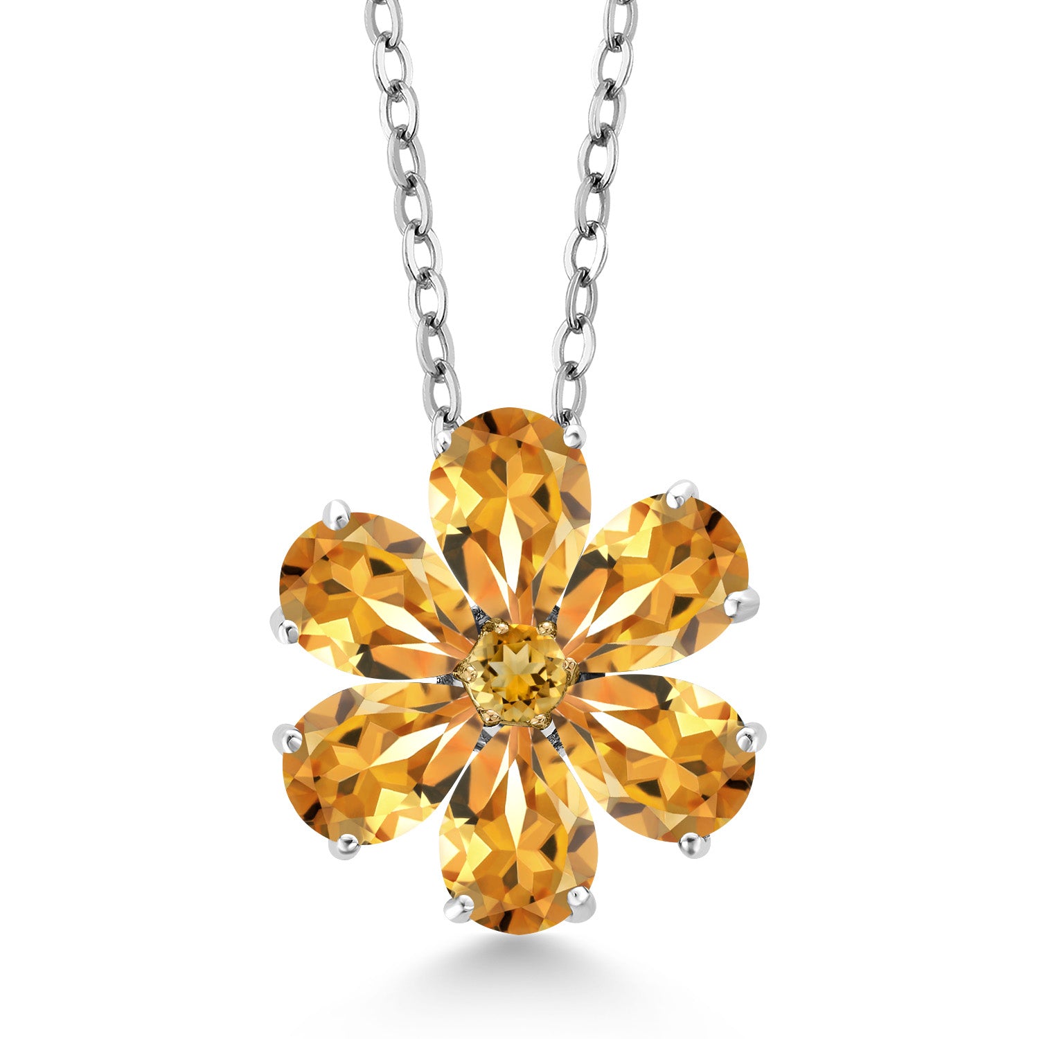 2.05 Ct Yellow Citrine 925 Silver and 10K Yellow Gold Pear Shape Flower Pendant with Chain