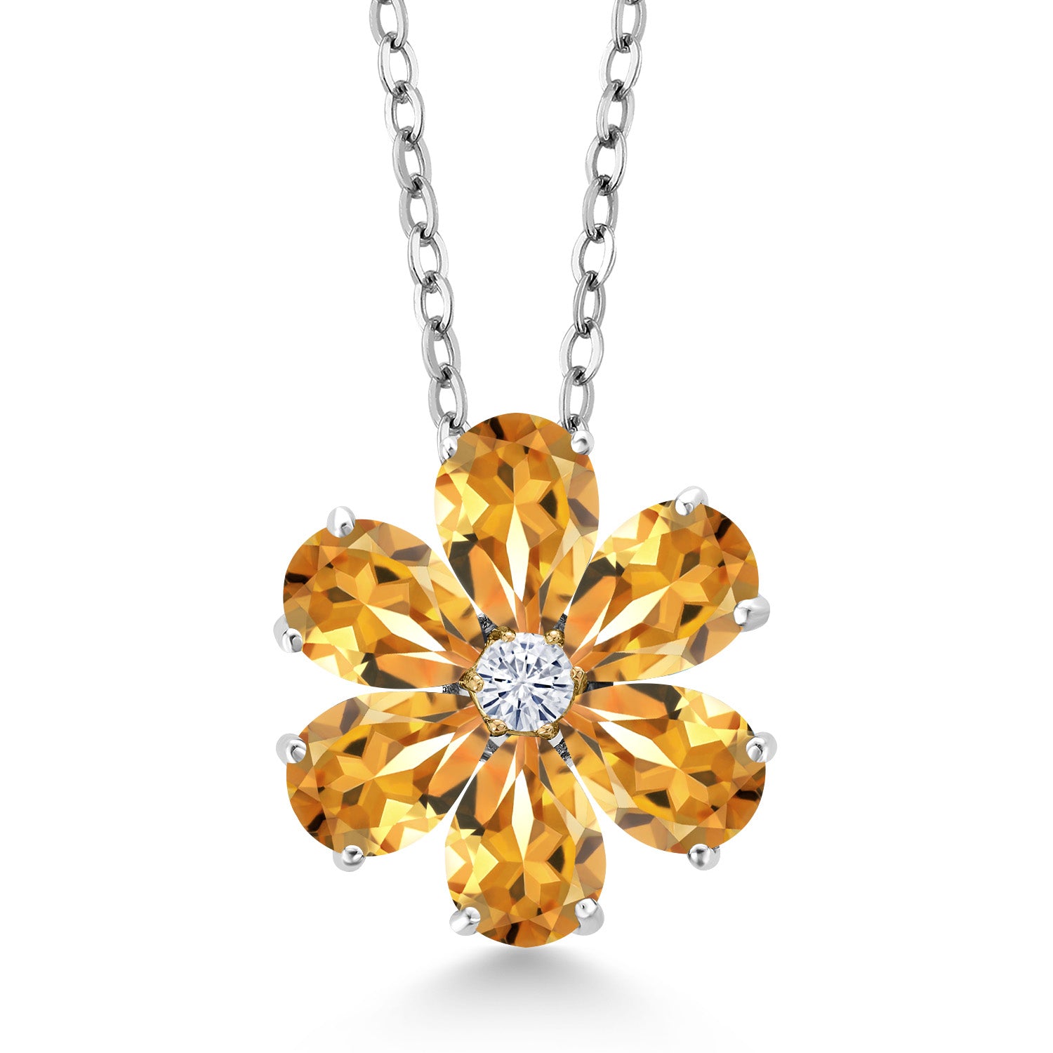 925 Sterling Silver and 10K Yellow Gold Yellow Citrine and White Moissanite Pear Shape Flower Pendant Necklace For Women (2.05 Cttw, Gemstone Birthstone, with 18 inch Chain)