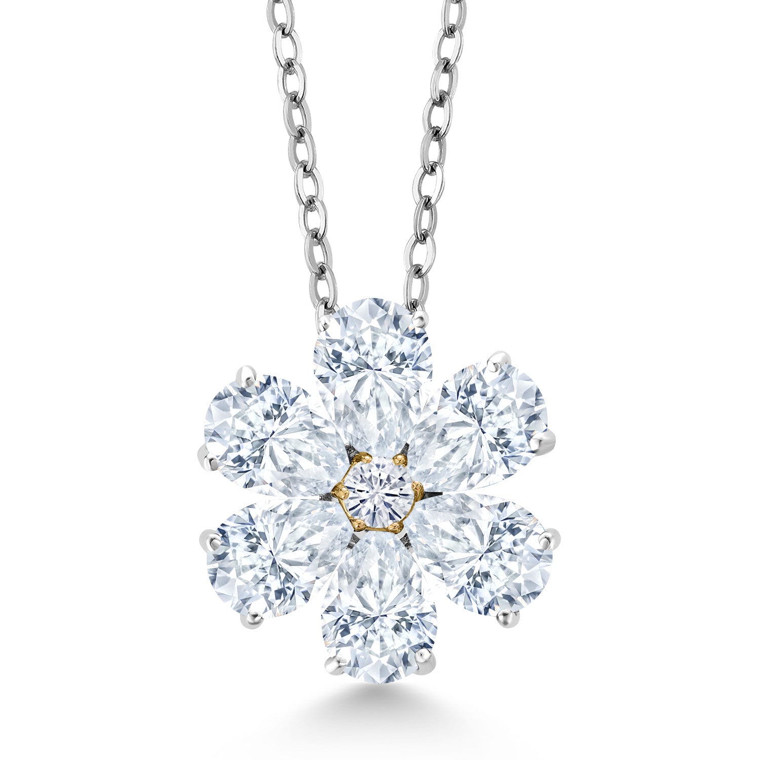 925 Sterling Silver and 10K Yellow Gold White Moissanite Pear Shape Flower Pendant Necklace For Women (2.47 Cttw, with 18 Inch Chain)