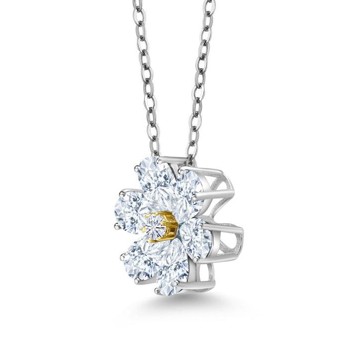 925 Sterling Silver and 10K Yellow Gold White Moissanite Pear Shape Flower Pendant Necklace For Women (2.47 Cttw, with 18 Inch Chain)